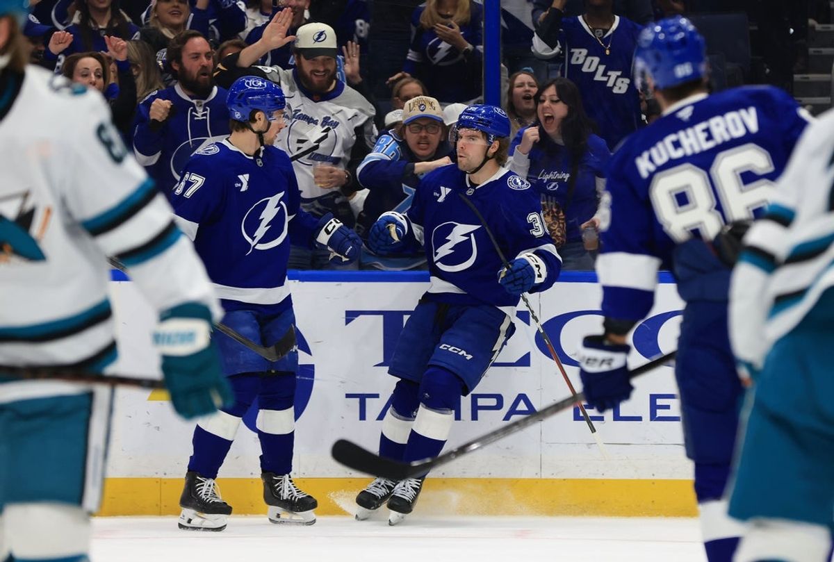 Jan 20, 2026; Tampa, Florida, USA; Tampa Bay Lightning left wing Brandon Hagel (38) celebrates after he scored a goal against the San Jose Sharks during the first period at Benchmark International Arena. Mandatory Credit: Kim Klement Neitzel-Imagn Images