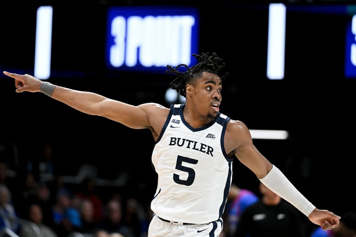 Jan 20, 2026; Indianapolis, Indiana, USA; Butler Bulldogs forward Michael Ajayi (5) reacts after a play against the DePaul Blue Demons during the first half at Hinkle Fieldhouse. Mandatory Credit: Robert Goddin-Imagn Images