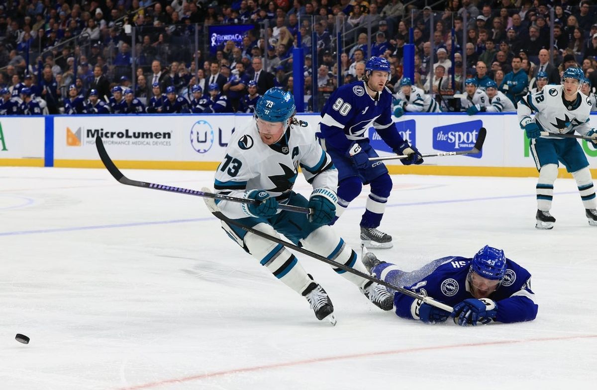 Jan 20, 2026; Tampa, Florida, USA; Tampa Bay Lightning defenseman Darren Raddysh (43) defends San Jose Sharks center Tyler Toffoli (73) during the second period at Benchmark International Arena. Mandatory Credit: Kim Klement Neitzel-Imagn Images
