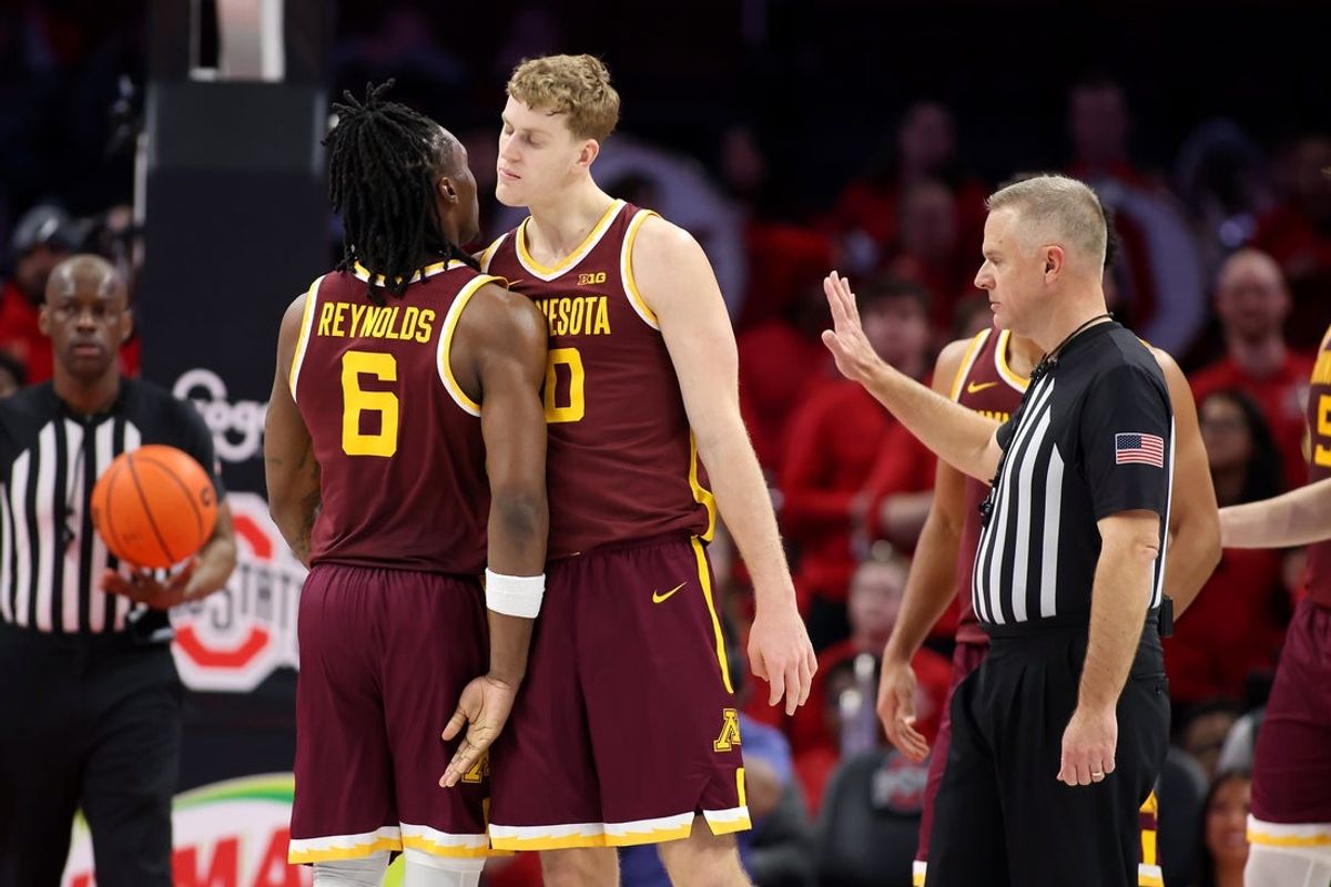 Jan 20, 2026; Columbus, Ohio, USA; Minnesota Golden Gophers forward Cade Tyson (10) celebrates with Minnesota Golden Gophers guard Langston Reynolds (6) as they extend the game to overtime at Value City Arena. Mandatory Credit: Joseph Maiorana-Imagn Images
