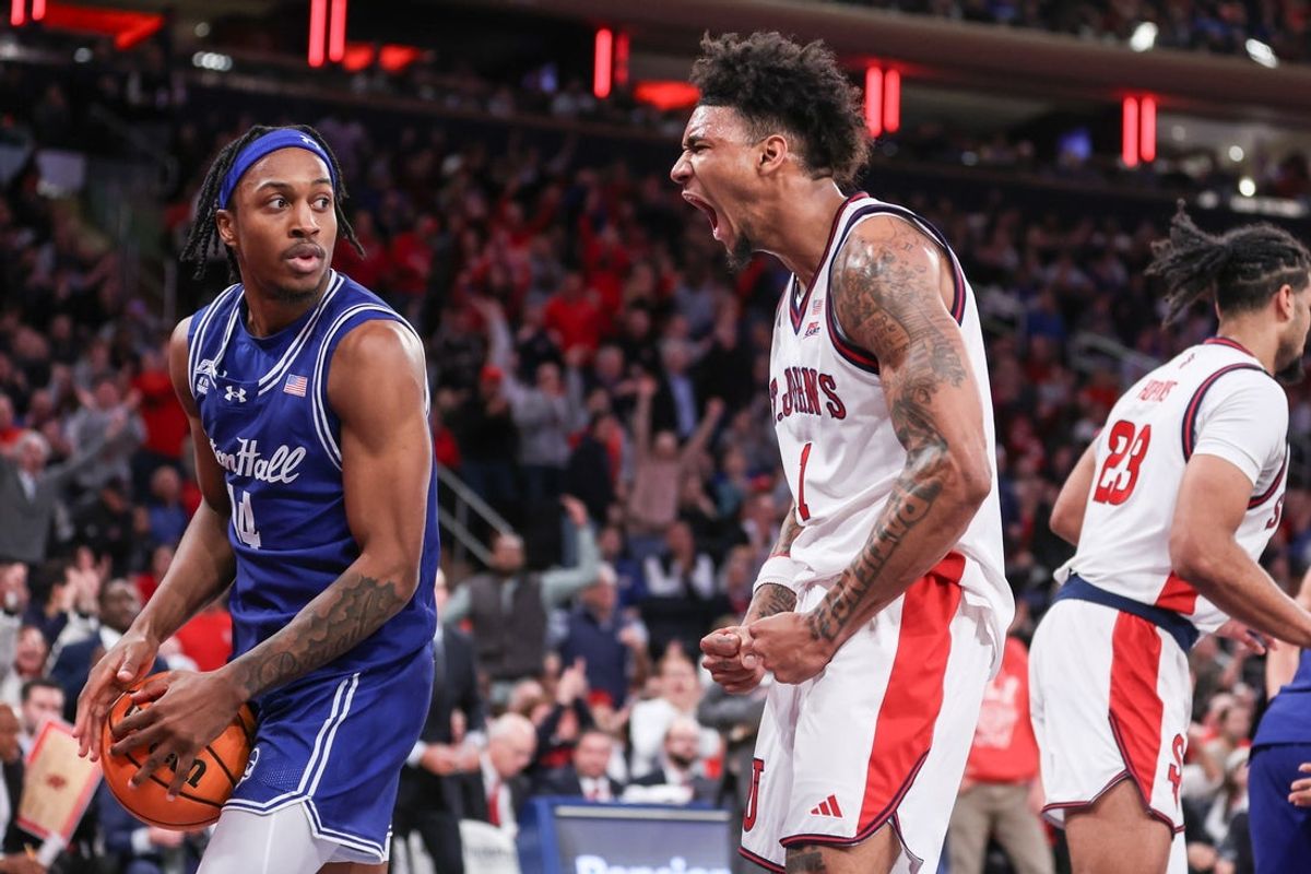 Jan 20, 2026; New York, New York, USA;  St. John's Red Storm forward Dillon Mitchell (1) celebrates in the direction of Seton Hall Pirates guard A.J. Staton-McCray (14) in the second half at Madison Square Garden. Mandatory Credit: Wendell Cruz-Imagn Images