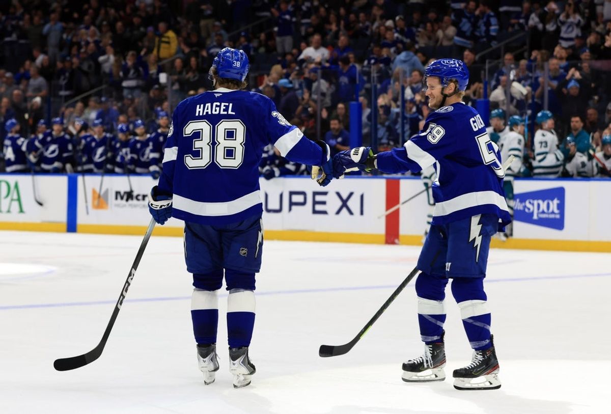 Jan 20, 2026; Tampa, Florida, USA; Tampa Bay Lightning left wing Brandon Hagel (38) is congratulated by center Jake Guentzel (59) after scoring a goal for a hat trick against the San Jose Sharks during the third period at Benchmark International Arena. Mandatory Credit: Kim Klement Neitzel-Imagn Images