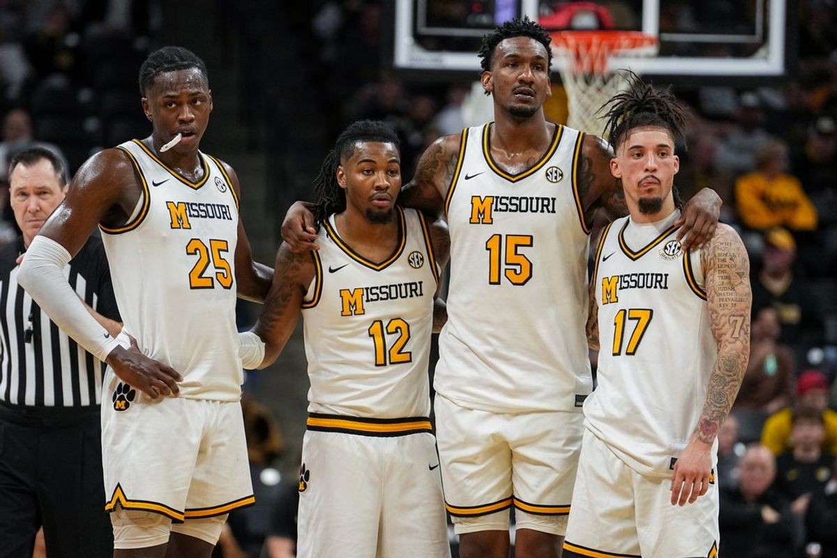 Jan 20, 2026; Columbia, Missouri, USA; Missouri Tigers guard Mark Mitchell (25) and guard Sebastian Mack (12) and center Shawn Phillips Jr. (15) and guard Jayden Stone (17) stand on court against the Georgia Bulldogs during a technical foul decision during the first half of the game at Mizzou Arena. Mandatory Credit: Denny Medley-Imagn Images