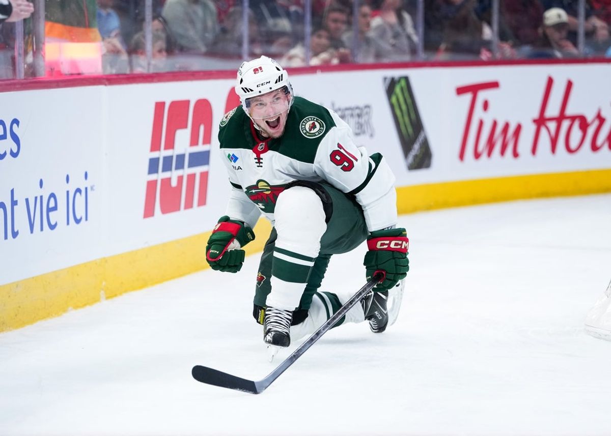 Jan 20, 2026; Montreal, Quebec, CAN; Minnesota Wild forward Vladimir Tarasenko (91) celebrates after scoring a goal against the Montreal Canadiens during the third period at the Bell Centre. Mandatory Credit: Eric Bolte-Imagn Images