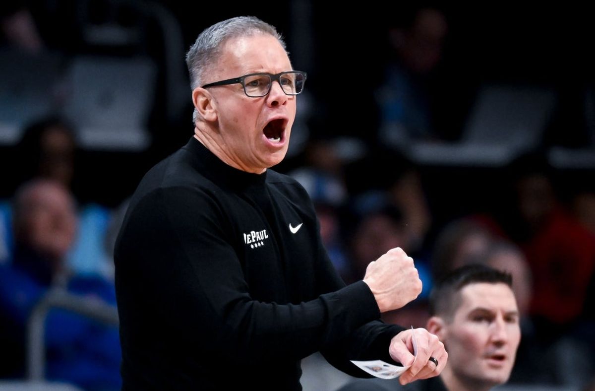 Jan 20, 2026; Indianapolis, Indiana, USA; DePaul Blue Demons head coach Chris Holtmann instructs his team against the Butler Bulldogs during the second half at Hinkle Fieldhouse. Mandatory Credit: Robert Goddin-Imagn Images