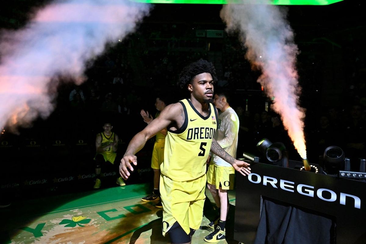 Jan 20, 2026; Eugene, Oregon, USA; Oregon Ducks guard Takai Simpkins (5) is introduced before the game against the Michigan State Spartans at Matthew Knight Arena. Mandatory Credit: Craig Strobeck-Imagn Images