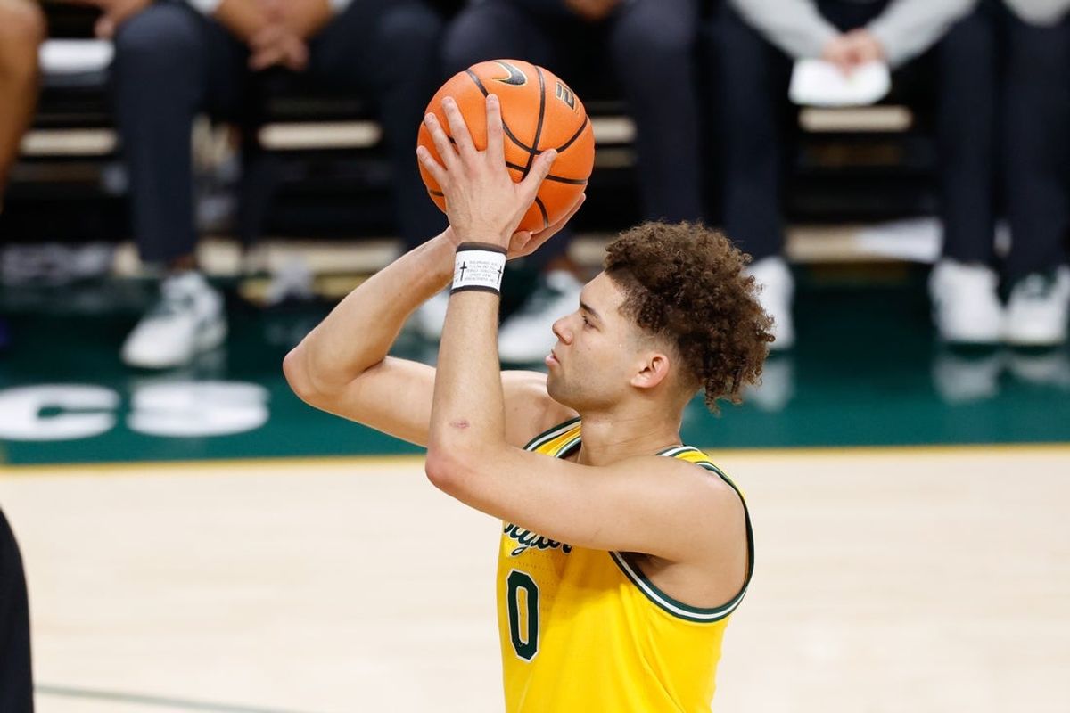 Jan 20, 2026; Waco, Texas, USA;  Baylor Bears guard Dan Skillings Jr. (0) shoots a free throw during the second half against the Texas Tech Red Raiders at Paul and Alejandra Foster Pavilion. Mandatory Credit: Chris Jones-Imagn Images