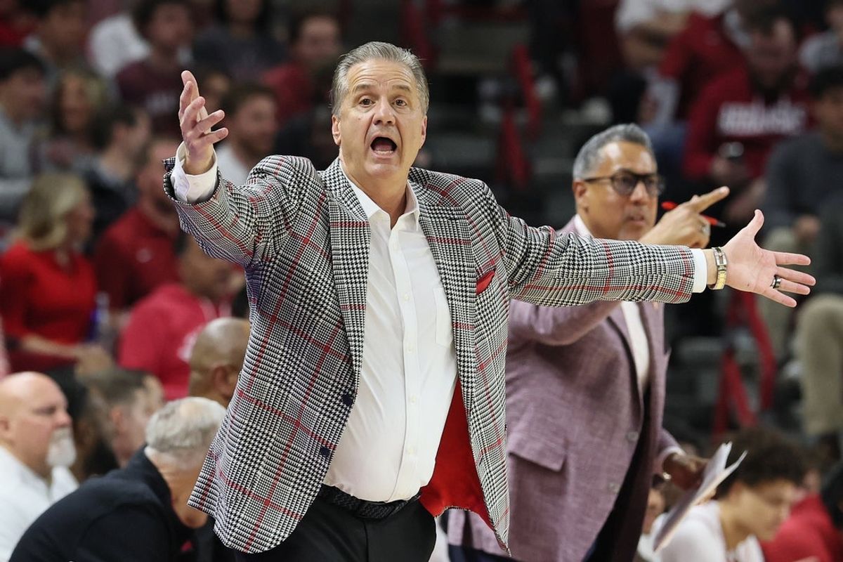 Jan 20, 2026; Fayetteville, Arkansas, USA; Arkansas Razorbacks head coach John Calipari during the first half against the Vanderbilt Commodores at Bud Walton Arena. Arkansas won 93-68. Mandatory Credit: Nelson Chenault-Imagn Images