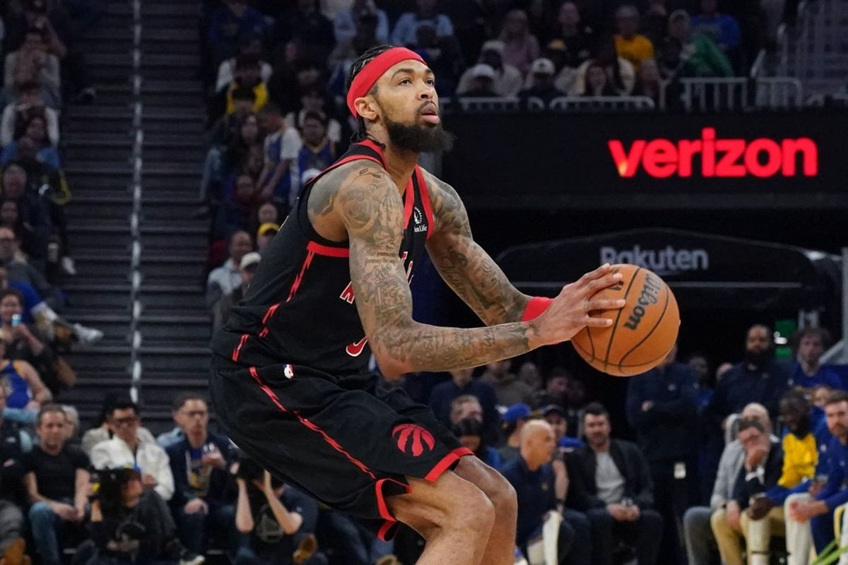 Jan 20, 2026; San Francisco, California, USA;  Toronto Raptors forward Brandon Ingram (3) shoots a three-pointer against the Golden State Warriors in the third quarter at Chase Center. Mandatory Credit: David Gonzales-Imagn Images
