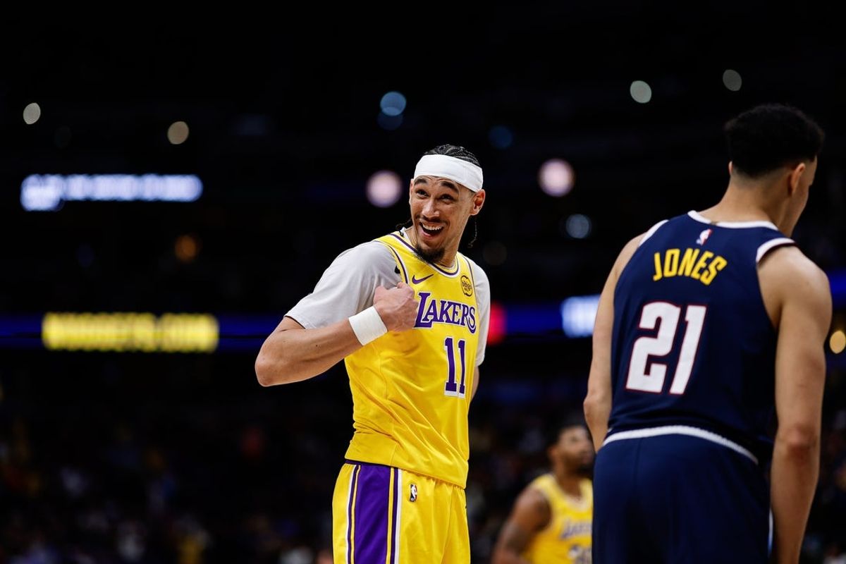 Jan 20, 2026; Denver, Colorado, USA; Los Angeles Lakers center Jaxson Hayes (11) reacts towards the Denver Nuggets bench in the fourth quarter at Ball Arena. Mandatory Credit: Isaiah J. Downing-Imagn Images