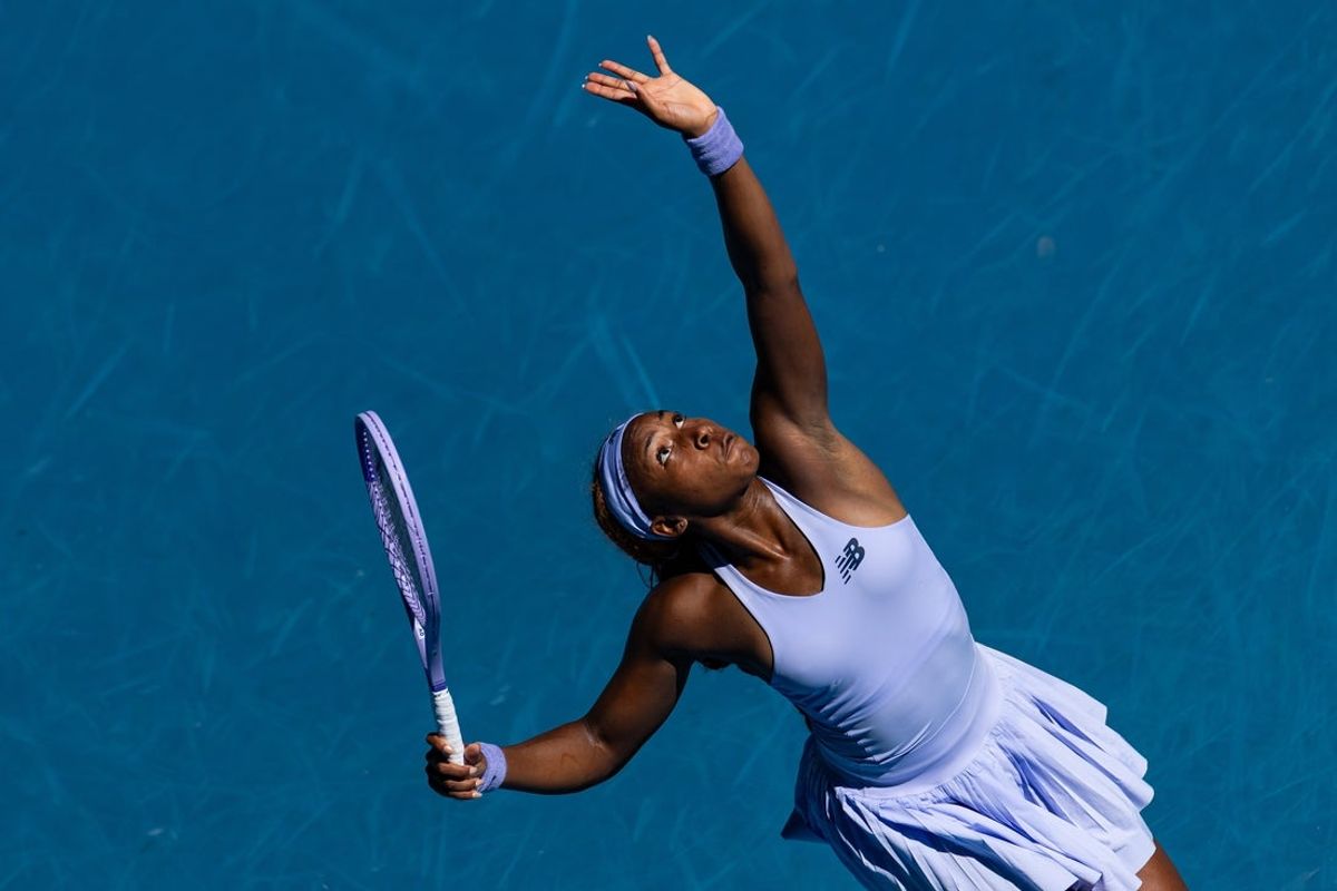 Jan 21, 2026; Melbourne, Victoria, Australia; Coco Gauff of United States in action against Olga Danilovic of Serbia in the second round of the womenís singles at the Australian Open at Margaret Court Arena in Melbourne Park. Mandatory Credit: Mike Frey-Imagn Images