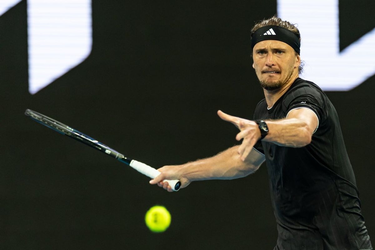 Jan 21, 2026; Melbourne, Victoria, Australia; Alexander Zverev of Germany in action against Alexandre Muller of France in the second round of the menís singles at the Australian Open at John Cain Arena in Melbourne Park. Mandatory Credit: Mike Frey-Imagn Images