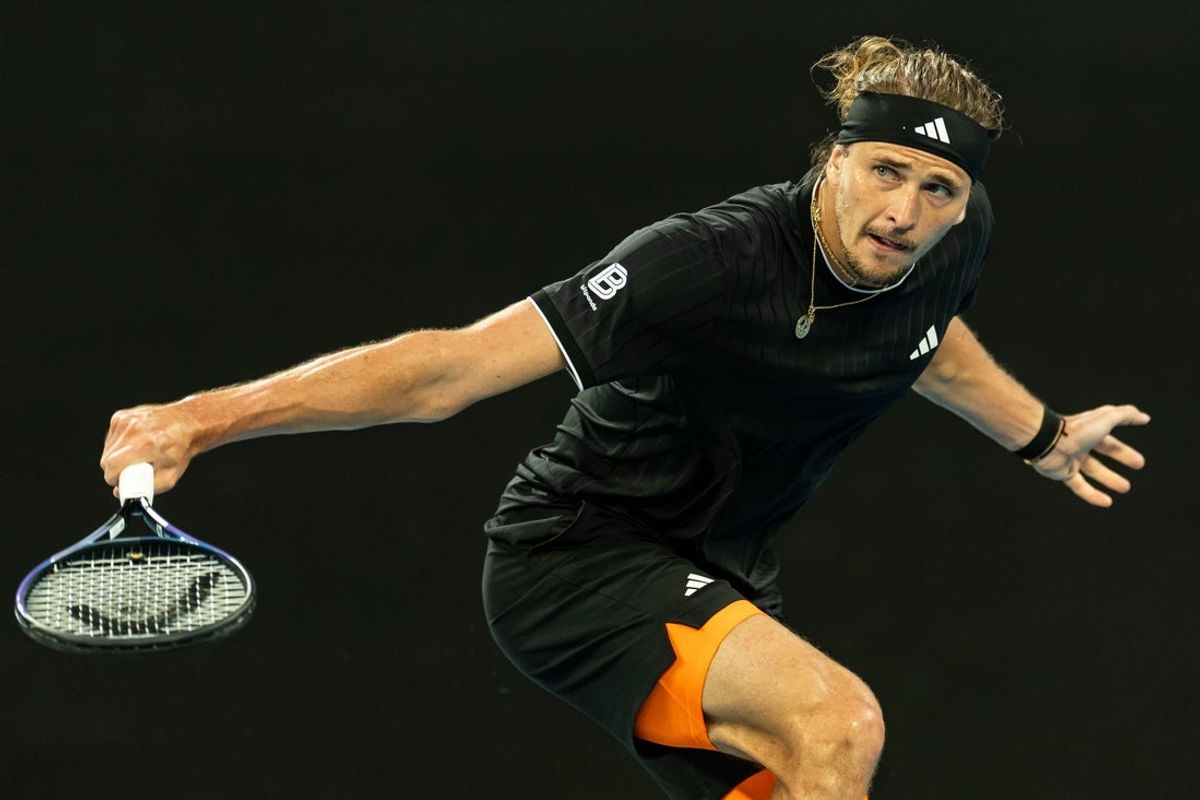 Jan 21, 2026; Melbourne, Victoria, Australia; Alexander Zverev of Germany in action against Alexandre Muller of France in the second round of the menís singles at the Australian Open at John Cain Arena in Melbourne Park. Mandatory Credit: Mike Frey-Imagn Images