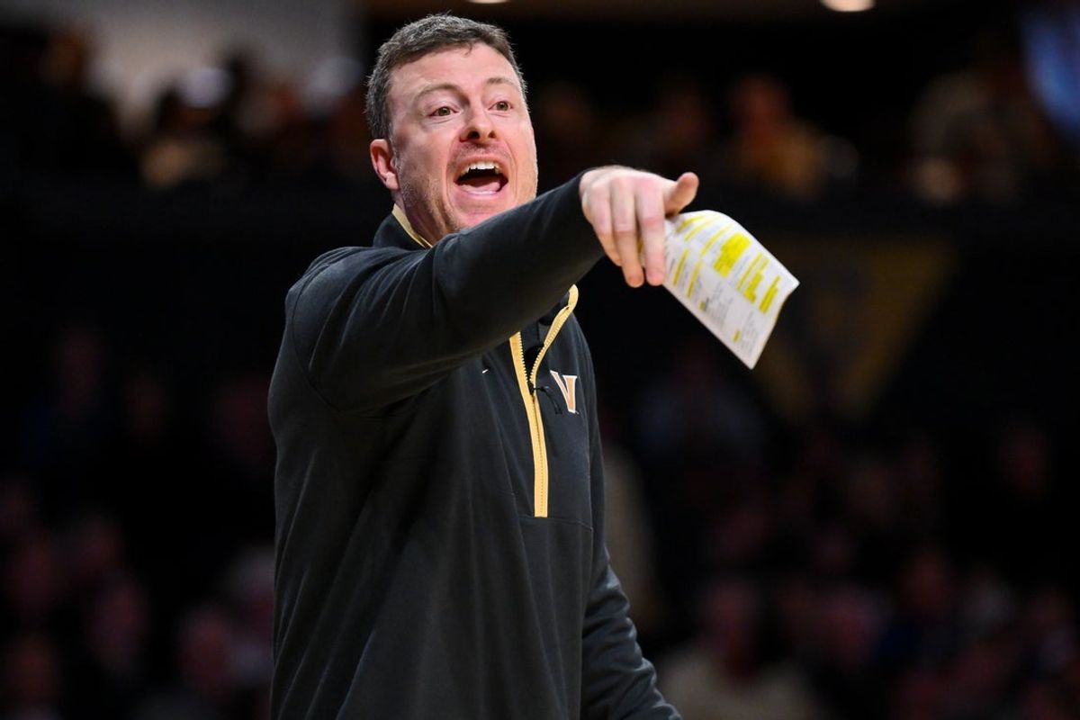 Jan 17, 2026; Nashville, Tennessee, USA;  Vanderbilt Commodores head coach Mark Byington yells to his team against the Florida Gators during the first half at Memorial Gymnasium. Mandatory Credit: Steve Roberts-Imagn Images