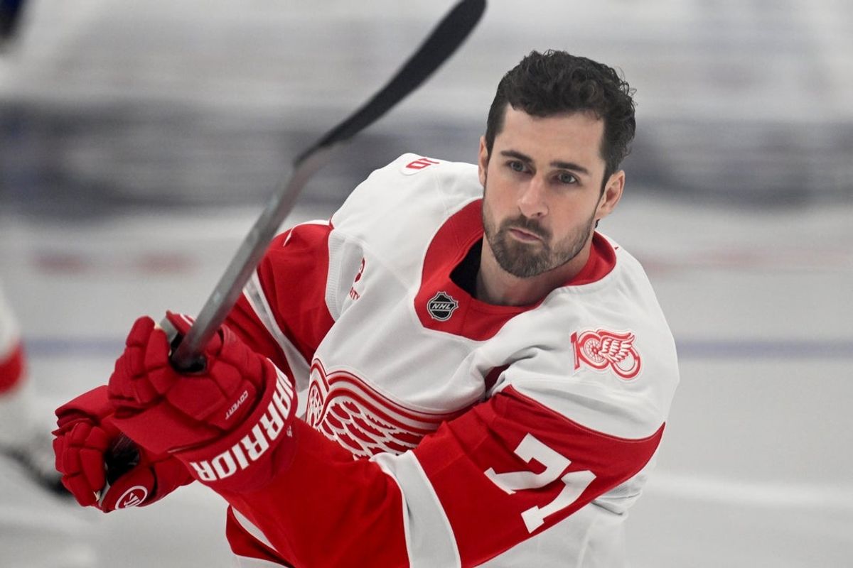 Jan 21, 2026; Toronto, Ontario, CAN;  Detroit Red Wings forward Dylan Larkin (71) warms up before playing the Toronto Maple Leafs at Scotiabank Arena. Mandatory Credit: Dan Hamilton-Imagn Images
