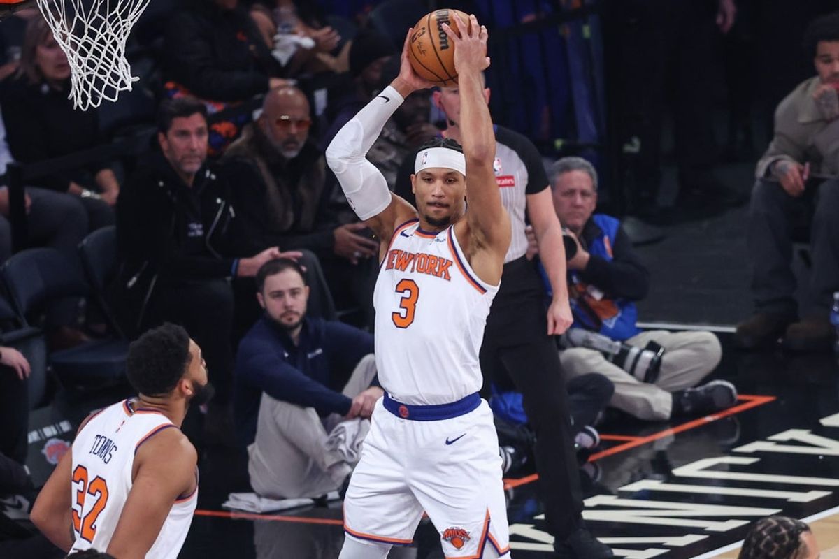 Jan 21, 2026; New York, New York, USA;  New York Knicks guard Josh Hart (3) grabs a rebound in the first quarter against the Brooklyn Nets at Madison Square Garden. Mandatory Credit: Wendell Cruz-Imagn Images