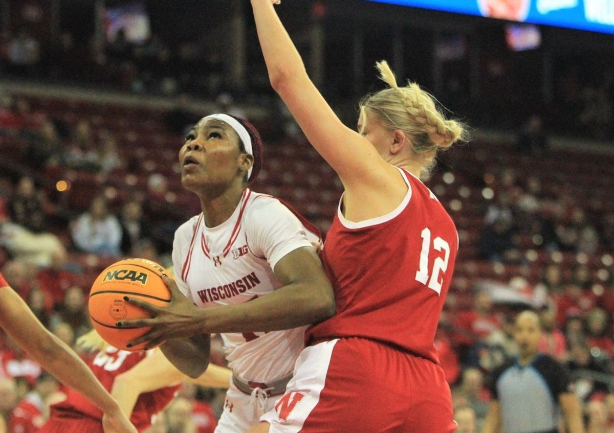 Wisconsin forward Gift Unchenna makes a move in the post against Nebraska's Jessica Petrie Jan. 21, 2026 at the Kohl Center in Madison, Wis.