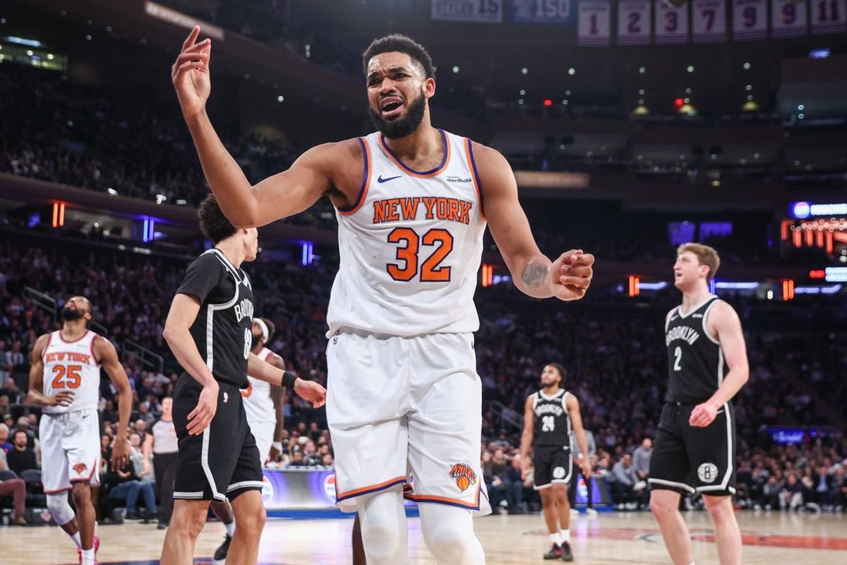 Jan 21, 2026; New York, New York, USA;  New York Knicks center Karl-Anthony Towns (32) reacts after a no-call in the second quarter against the Brooklyn Nets at Madison Square Garden. Mandatory Credit: Wendell Cruz-Imagn Images
