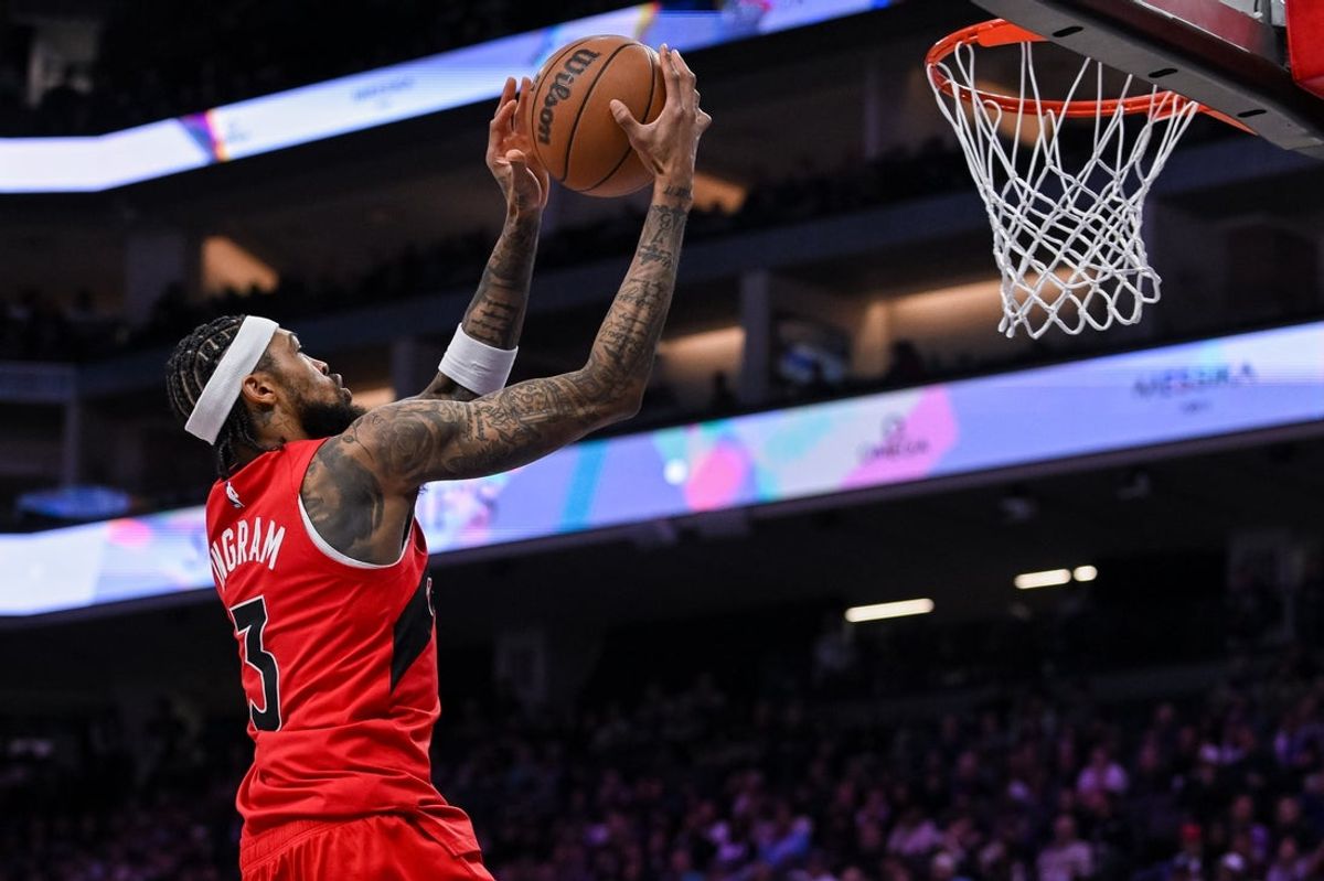 Jan 21, 2026; Sacramento, California, USA; Toronto Raptors forward Brandon Ingram (3) puts up a shot against the Sacramento Kings during the fourth quarter at Golden 1 Center. Mandatory Credit: Ed Szczepanski-Imagn Images