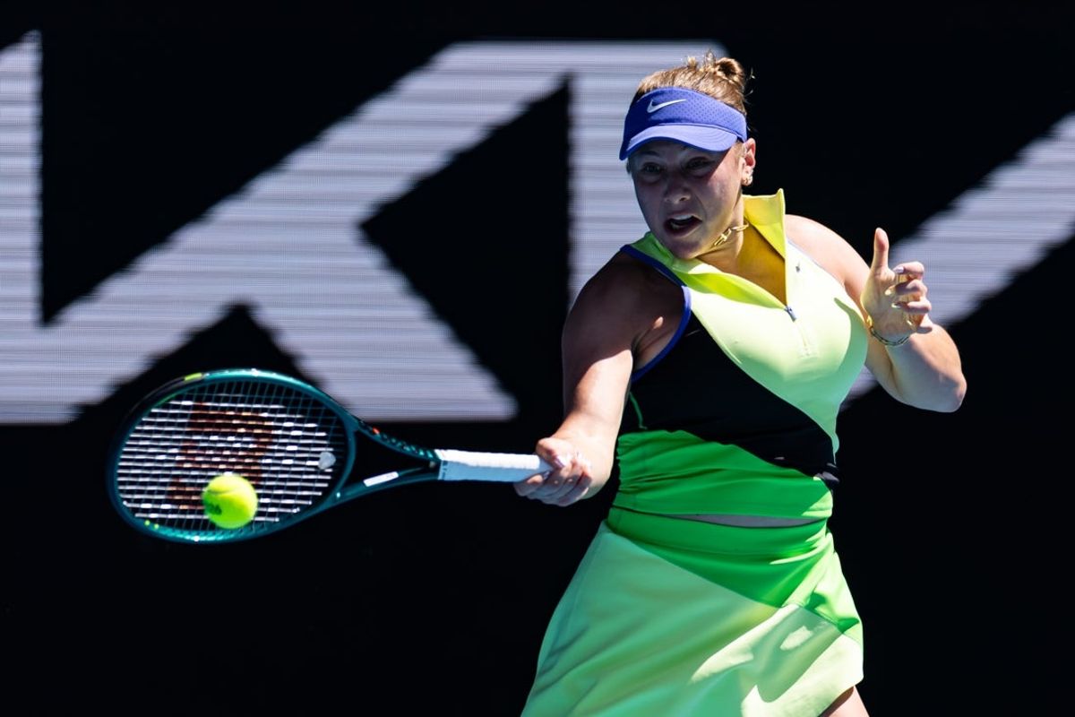 Jan 22, 2026; Melbourne, Victoria, Australia; Amanda Anisimova of United States in action against Katerina Siniakova of Czech Republic in the second round of the women’s singles at the Australian Open at Margaret Court Arena in Melbourne Park. Mandatory Credit: Mike Frey-Imagn Images