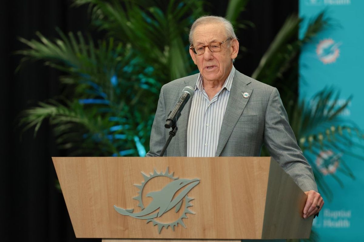 Jan 22, 2026; Miami Gardens, FL, USA; Miami Dolphins owner Stephen Ross speaks to reporters during an introductory press conference for the team new head coach Jeff Hafley (not pictured) and general manager Jon-Eric Sullivan (not pictured) at Baptist Health Training Complex. Mandatory Credit: Sam Navarro-Imagn Images