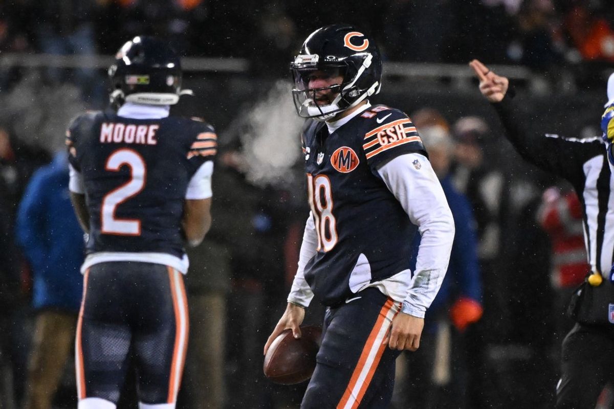 Jan 18, 2026; Chicago, IL, USA; in Chicago Bears quarterback Caleb Williams (18) during an NFC Divisional Round game against the Los Angeles Rams at Soldier Field. Mandatory Credit: Matt Marton-Imagn Images