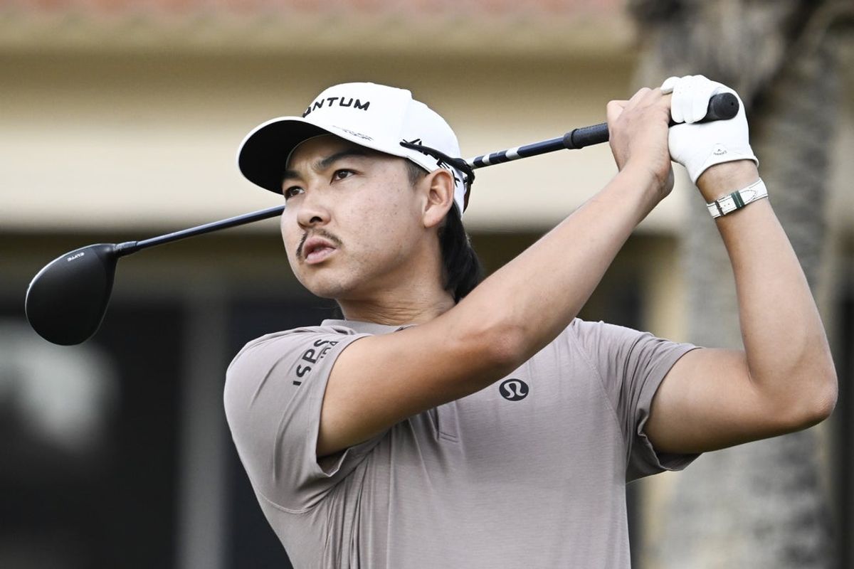 Jan 22, 2026; La Quinta, California, USA; Min Woo Lee hits his tee shot on the ninth hole during the first round of The American Express golf tournament at the Nicklaus Tournament Course. Mandatory Credit: Denis Poroy-Imagn Images