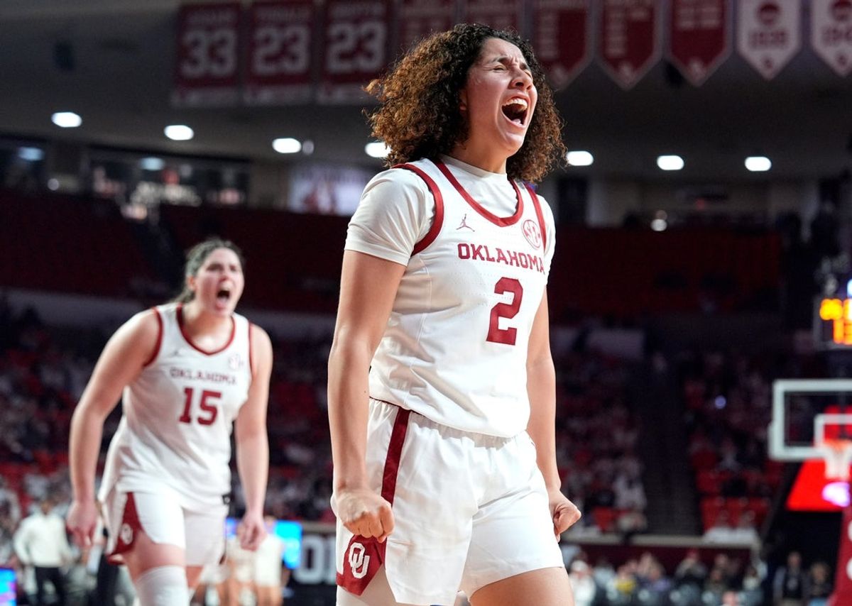 Aaliyah Chavez (2) cheers after a basket and foul during the women's college basketball game between the Oklahoma Sooners and the South Carolina at the Lloyd Noble Center in Norman, Okla., Thursday Jan. 22, 2026.