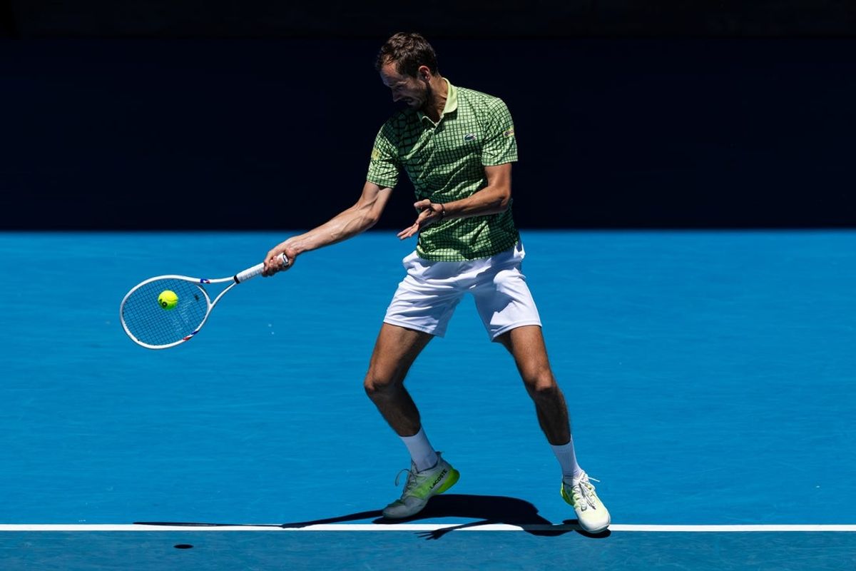 Jan 23, 2026; Melbourne, Victoria, Australia; Daniil Medvedev in action against Fabian Marozsan of Hungary in the third round of the men’s singles at the Australian Open at Margaret Court Arena in Melbourne Park. Mandatory Credit: Mike Frey-Imagn Images