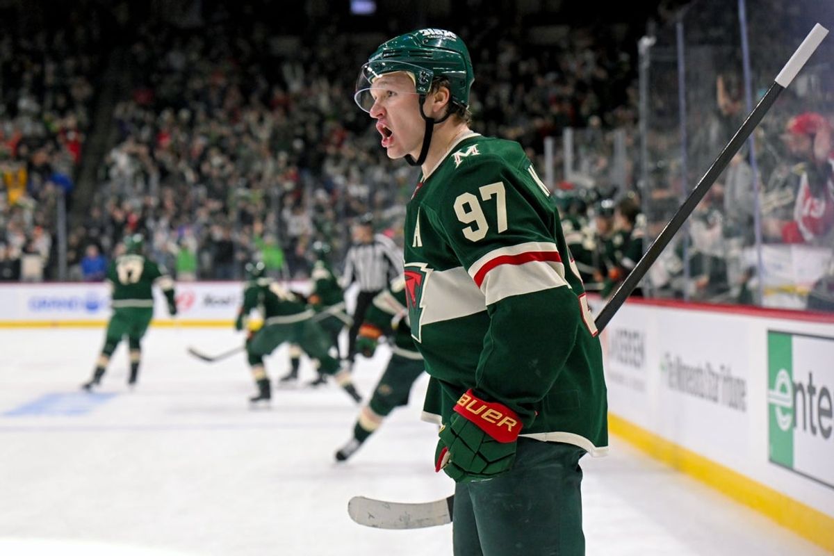 Jan 22, 2026; Saint Paul, Minnesota, USA; Minnesota Wild forward Kirill Kaprizov (97) celebrates his overtime game-winning goal against the Detroit Red Wings at Grand Casino Arena. Mandatory Credit: Nick Wosika-Imagn Images