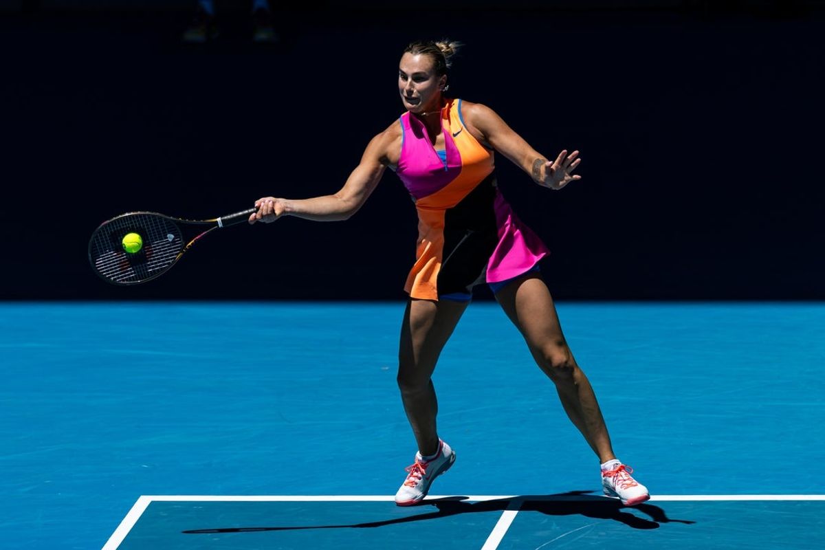 Jan 23, 2026; Melbourne, Victoria, Australia; Aryna Sabalenka in action against Anastasia Potapova of Austria in the third round of the women’s singles at the Australian Open at Rod Laver Arena in Melbourne Park. Mandatory Credit: Mike Frey-Imagn Images