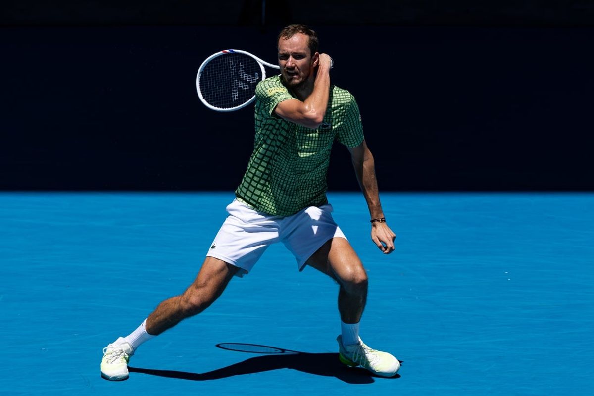 Jan 23, 2026; Melbourne, Victoria, Australia; Daniil Medvedev in action against Fabian Marozsan of Hungary in the third round of the men’s singles at the Australian Open at Margaret Court Arena in Melbourne Park. Mandatory Credit: Mike Frey-Imagn Images