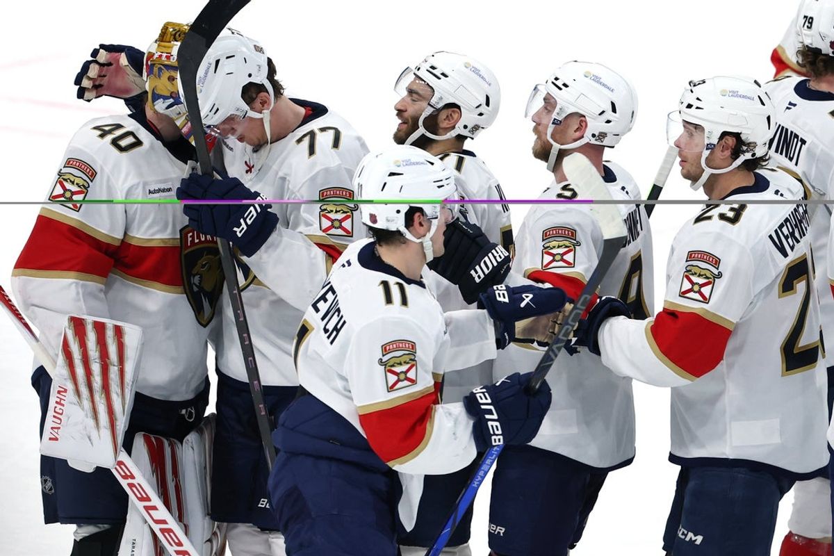 Jan 22, 2026; Winnipeg, Manitoba, CAN; Florida Panthers players celebrate their victory over the Winnipeg Jets at Canada Life Centre. Mandatory Credit: James Carey Lauder-Imagn Images