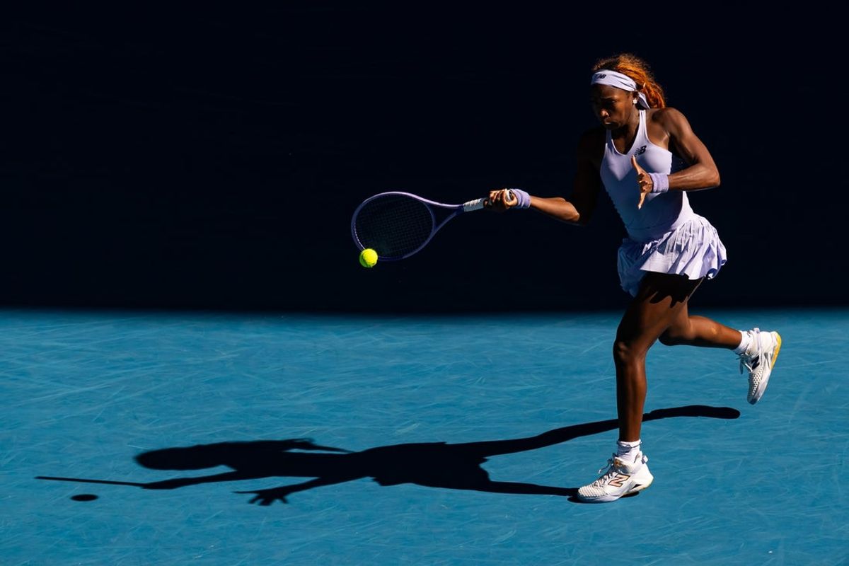 Jan 23, 2026; Melbourne, Victoria, Australia; Coco Gauff of United States in action against Hailey Baptiste of United States in the third round of the womenís singles at the Australian Open at Margaret Court Arena in Melbourne Park. Mandatory Credit: Mike Frey-Imagn Images