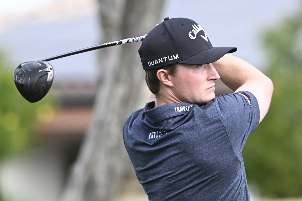 Jan 23, 2026; La Quinta, California, USA; Blades Brown hits his tee shot on the 11th hole during the second round of The American Express golf tournament at Nicklaus Tournament Course. Mandatory Credit: Denis Poroy-Imagn Images