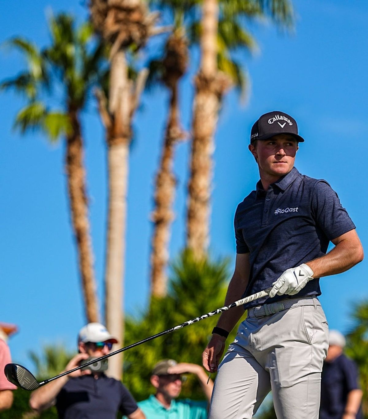 Blades Brown watches his tee shot from two on the Nicklaus Tournament Course during the second round of The American Express in La Quinta, Calif., Friday, Jan. 23, 2026.