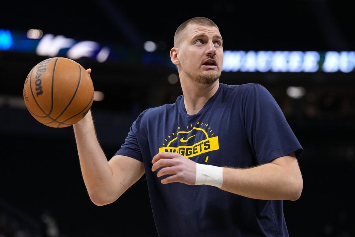 Jan 23, 2026; Milwaukee, Wisconsin, USA;  Denver Nuggets center Nikola Jokic (15) during warmups prior to the game against the Milwaukee Bucks at Fiserv Forum. Mandatory Credit: Jeff Hanisch-Imagn Images