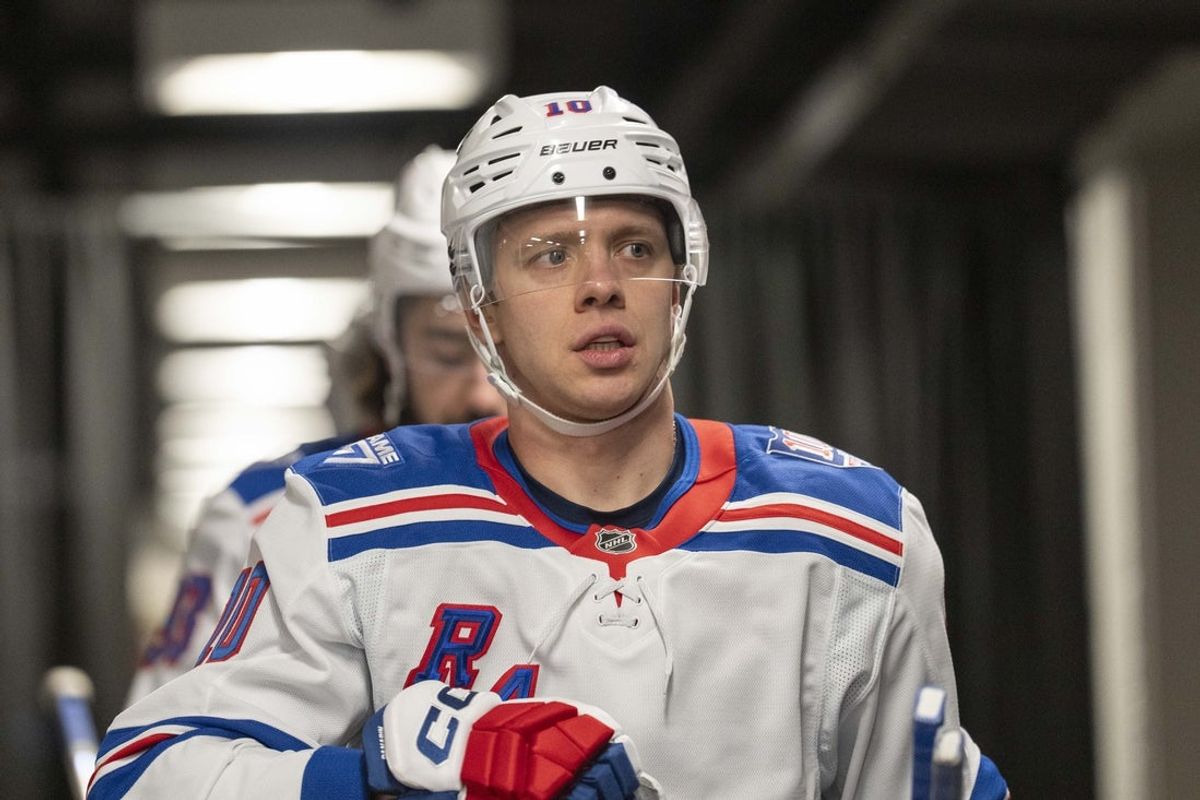 Jan 23, 2026; San Jose, California, USA;  New York Rangers left wing Artemi Panarin (10) before the start of warm ups against the San Jose Sharks at SAP Center at San Jose. Mandatory Credit: Stan Szeto-Imagn Images