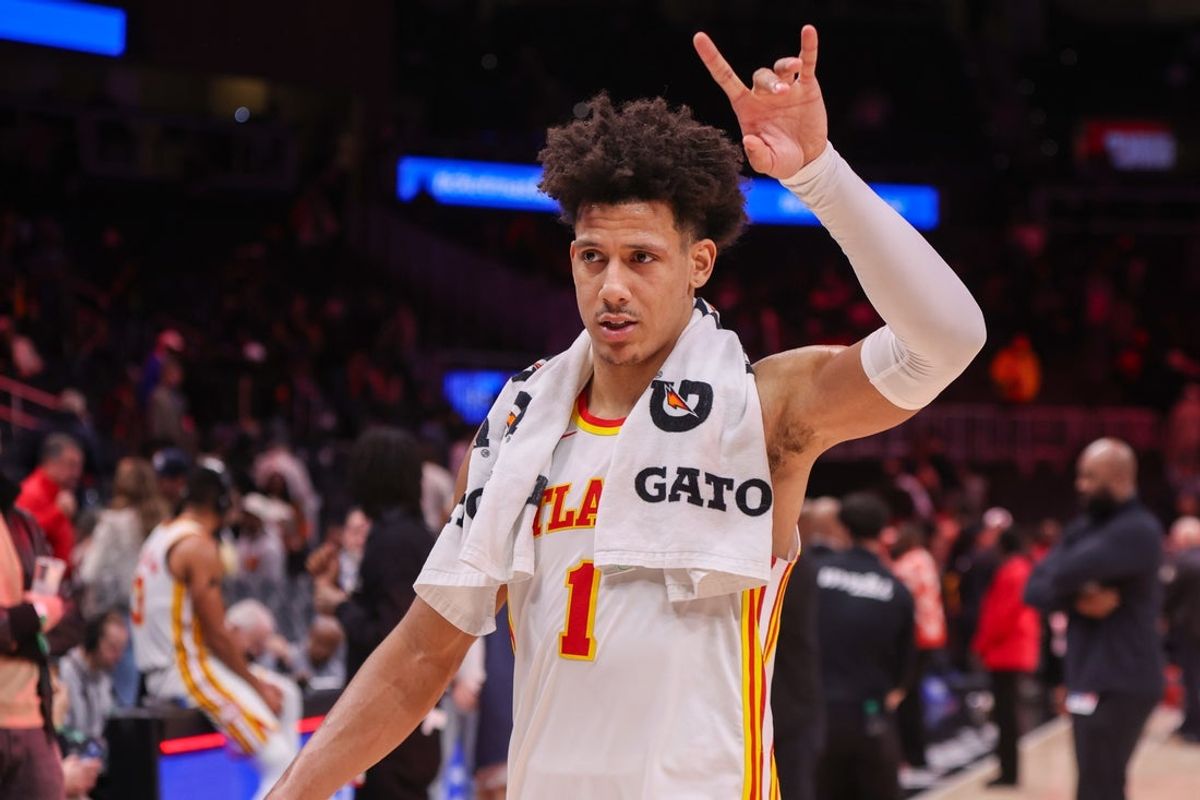 Jan 23, 2026; Atlanta, Georgia, USA; Atlanta Hawks forward Jalen Johnson (1) celebrates after a victory over the Phoenix Suns at State Farm Arena. Mandatory Credit: Brett Davis-Imagn Images