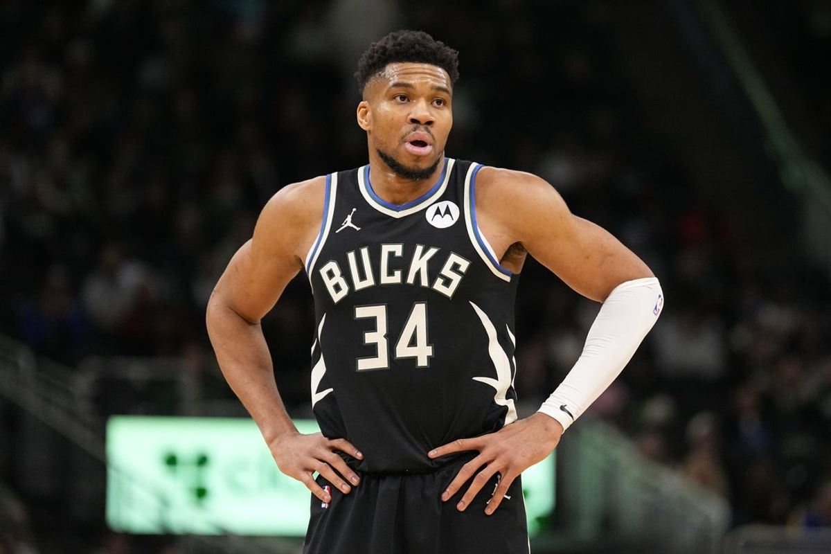 Jan 23, 2026; Milwaukee, Wisconsin, USA;  Milwaukee Bucks forward Giannis Antetokounmpo (34) looks on during the second quarter against the Denver Nuggets at Fiserv Forum. Mandatory Credit: Jeff Hanisch-Imagn Images