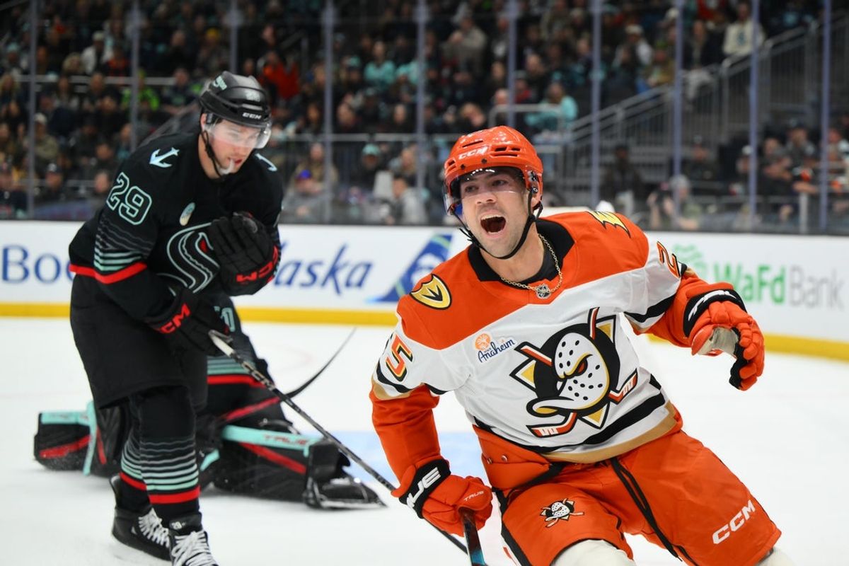 Jan 23, 2026; Seattle, Washington, USA; Anaheim Ducks center Ryan Poehling (25) celebrates scoring a goal against the Seattle Kraken during the first period at Climate Pledge Arena. Mandatory Credit: Steven Bisig-Imagn Images