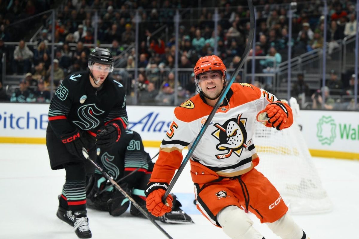 Jan 23, 2026; Seattle, Washington, USA; Anaheim Ducks center Ryan Poehling (25) celebrates scoring a goal against the Seattle Kraken during the first period at Climate Pledge Arena. Mandatory Credit: Steven Bisig-Imagn Images