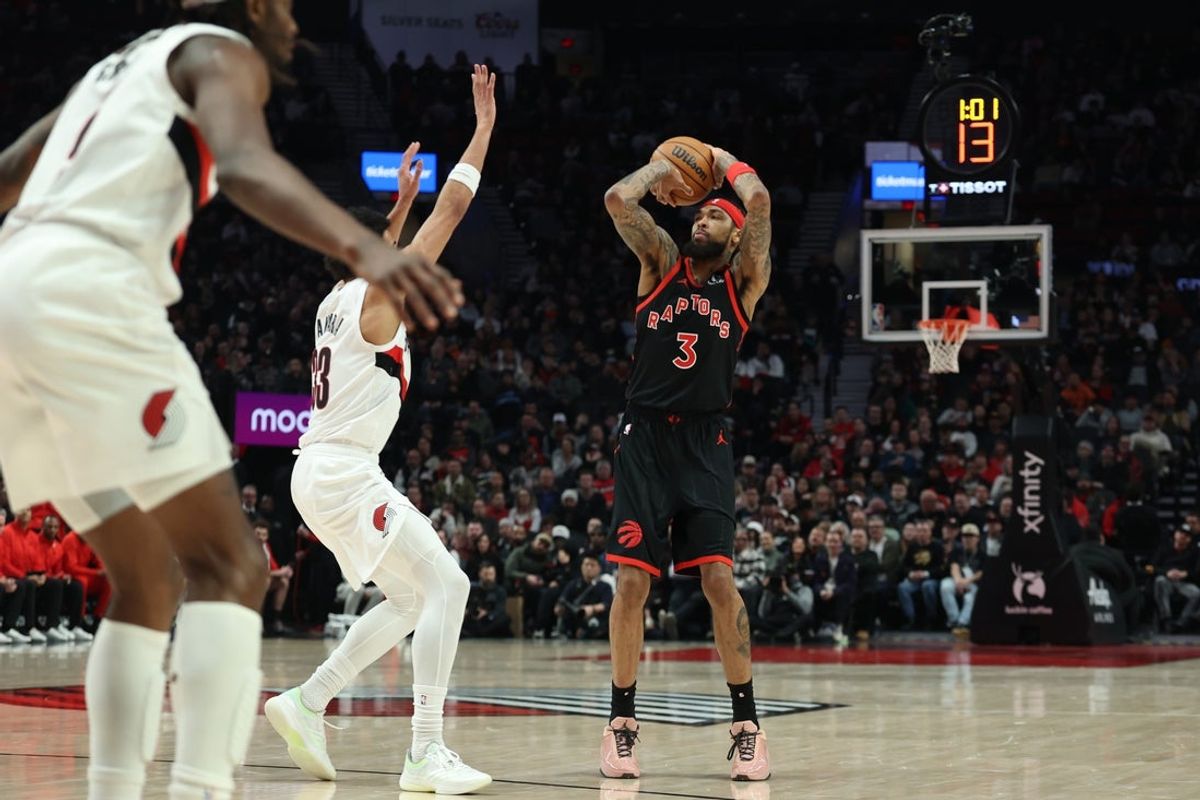 Jan 23, 2026; Portland, Oregon, USA;  Toronto Raptors forward Brandon Ingram (3) shoots the ball over Portland Trail Blazers forward Toumani Camara (33) during the first half at Moda Center. Mandatory Credit: Jaime Valdez-Imagn Images