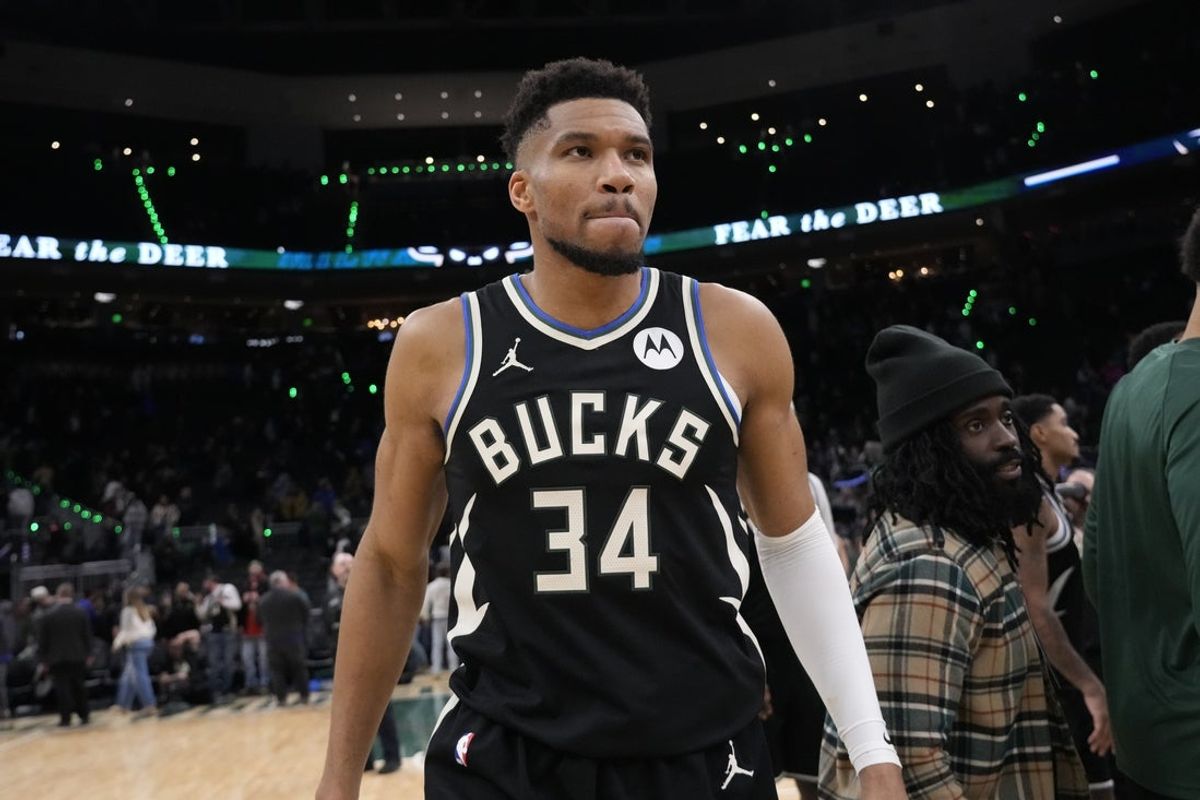 Jan 23, 2026; Milwaukee, Wisconsin, USA;  Milwaukee Bucks forward Giannis Antetokounmpo (34) walks from the court following the game against the Denver Nuggets at Fiserv Forum. Mandatory Credit: Jeff Hanisch-Imagn Images
