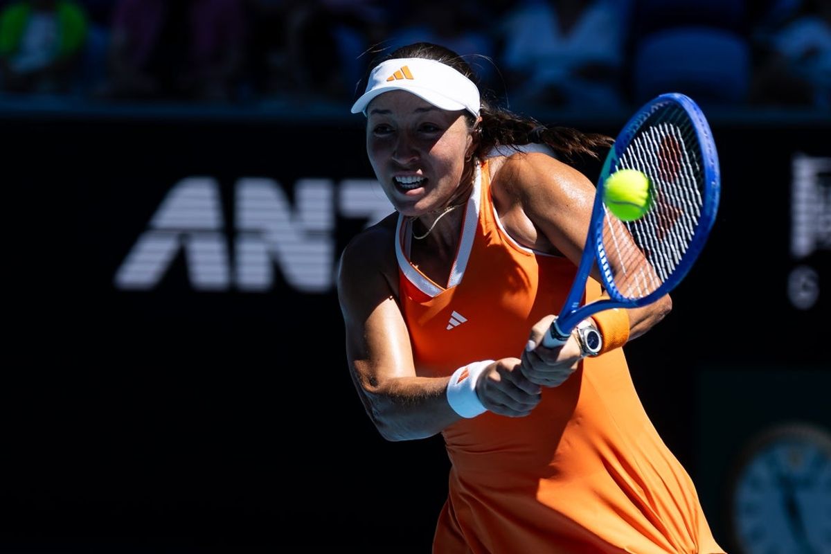 Jan 24, 2026; Melbourne, Victoria, Australia; Jessica Pegula of United States in action against Oksana Selekhmeteva in the third round of the womenís singles at the Australian Open at Margaret Court Arena in Melbourne Park. Mandatory Credit: Mike Frey-Imagn Images
