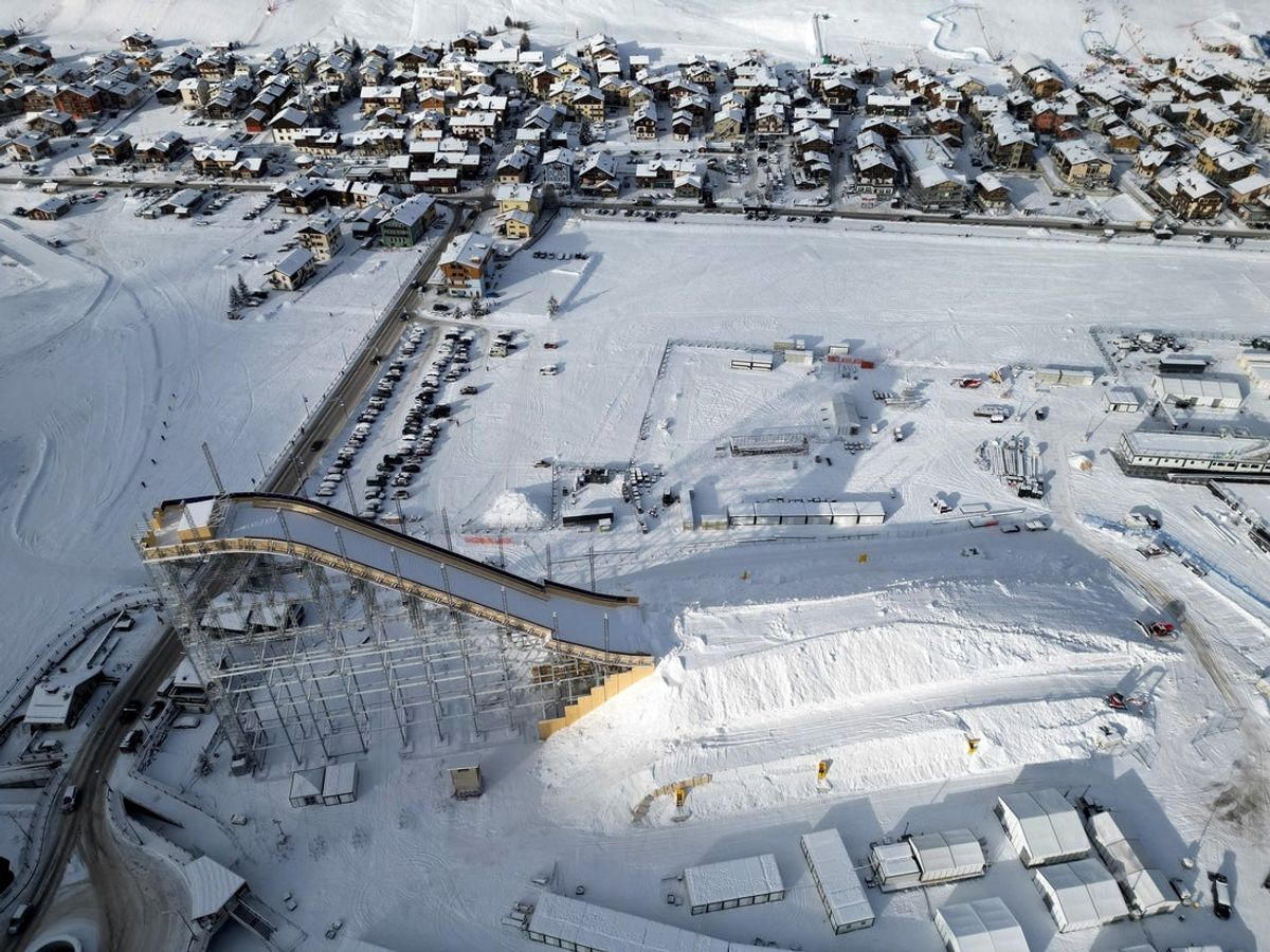 Jan 9, 2026; Livigno, ITALY;  A drone view shows the big ski jump in the Livigno Snow Park, which will host all Snowboard and Freestyle Skiing events, including disciplines like Halfpipe, Slopestyle, Big Air, Ski Cross, Snowboard Cross, Moguls, Aerials, and Parallel Giant Slalom in preparation for the Milano Cortina 2026 Olympic Winter Games. Mandatory Credit: Yara Nardi/Reuters via Imagn Images