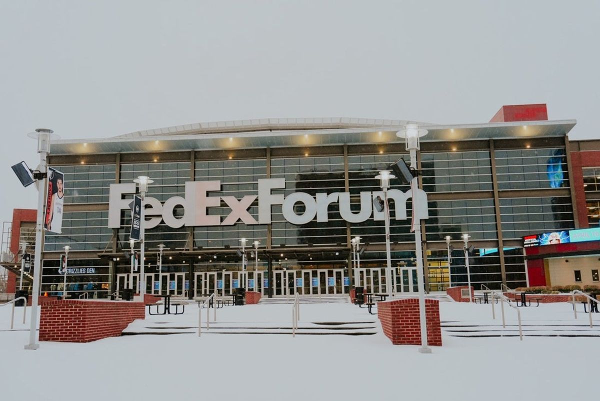 FedExForum is seen in Downtown Memphis on Jan. 24, 2026, after a winter storm brought snow, sleet and ice to the Mid-South. The wintry blast was expected to continue through Jan. 26.