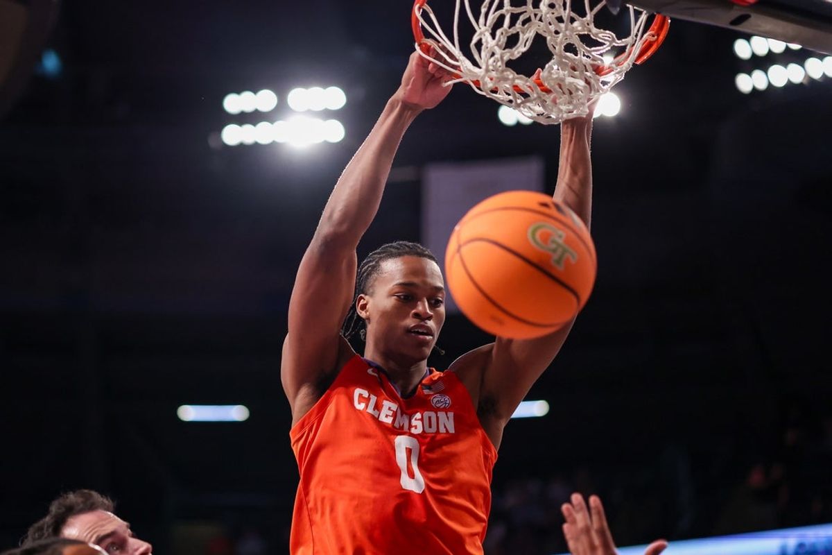 Jan 24, 2026; Atlanta, Georgia, USA; Clemson Tigers forward RJ Godfrey (0) dunks against the Georgia Tech Yellow Jackets in the first half at McCamish Pavilion. Mandatory Credit: Brett Davis-Imagn Images