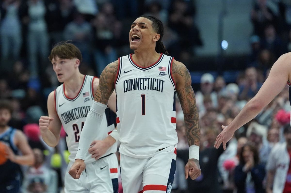 Jan 24, 2026; Storrs, Connecticut, USA; UConn Huskies guard Solo Ball (1) reacts after a play against the Villanova Wildcats in the first half at Harry A. Gampel Pavilion. Mandatory Credit: David Butler II-Imagn Images