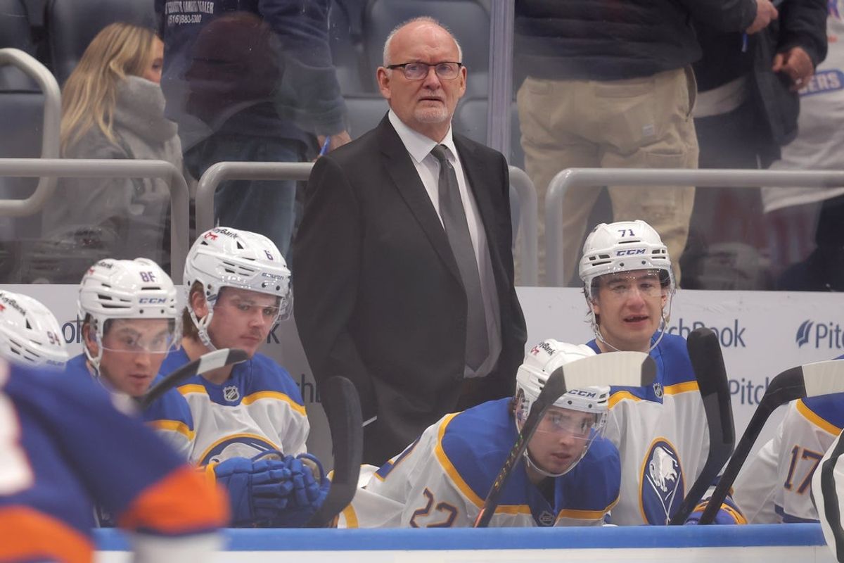 Jan 24, 2026; Elmont, New York, USA; Buffalo Sabres head coach Lindy Ruff coaches against the New York Islanders during the first period at UBS Arena. Mandatory Credit: Brad Penner-Imagn Images